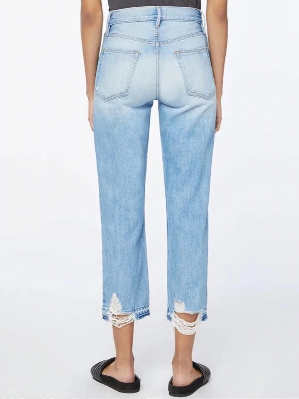FRAME Le Hollywood Crop Jeans – Light Wash Distressed Hem – Size 29